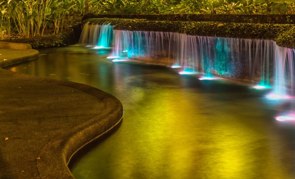 colored fountain in a botany garden