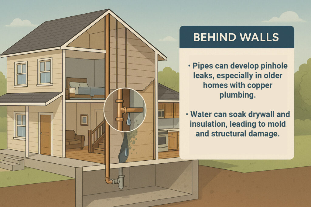 plumbing leak graphic showing a pinhole leak behind a home wall, illustrated