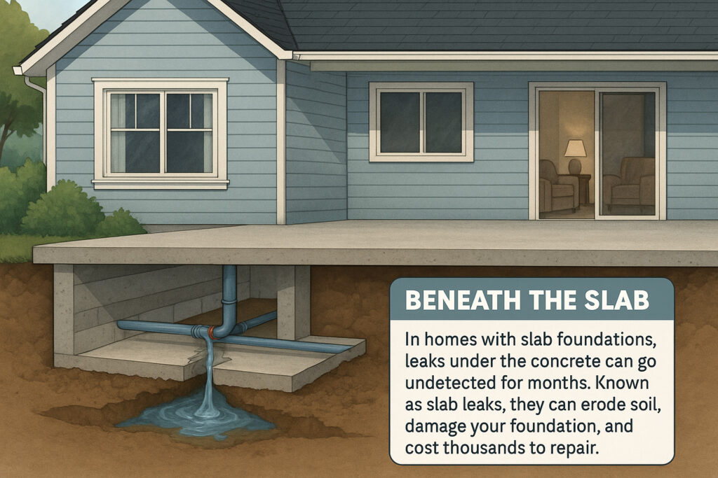 Plumbing leak beneath the slab of a home foundation