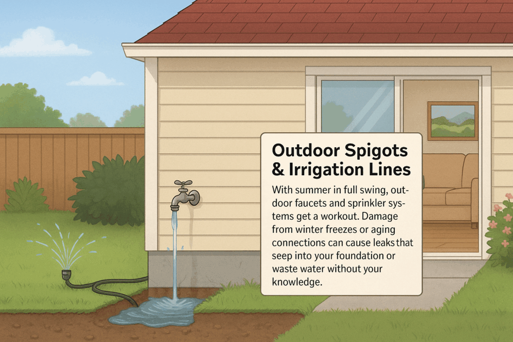 Outdoor Spigots & Irrigation Lines illustrated graphic showing plumbing leaks
