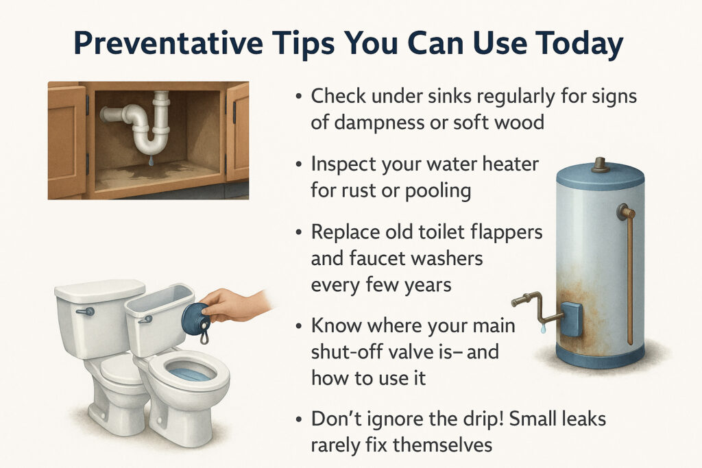 Preventative Tips You Can Use Today to help prevent plumbing leaks illustrated graphic