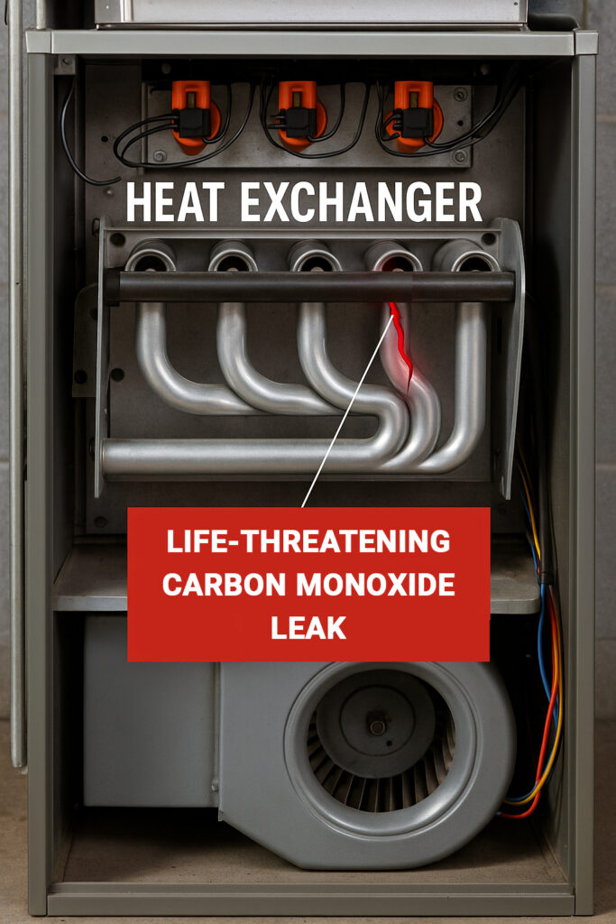 Cracked Heat Exchanger image showing leaking carbon monoxide from crack