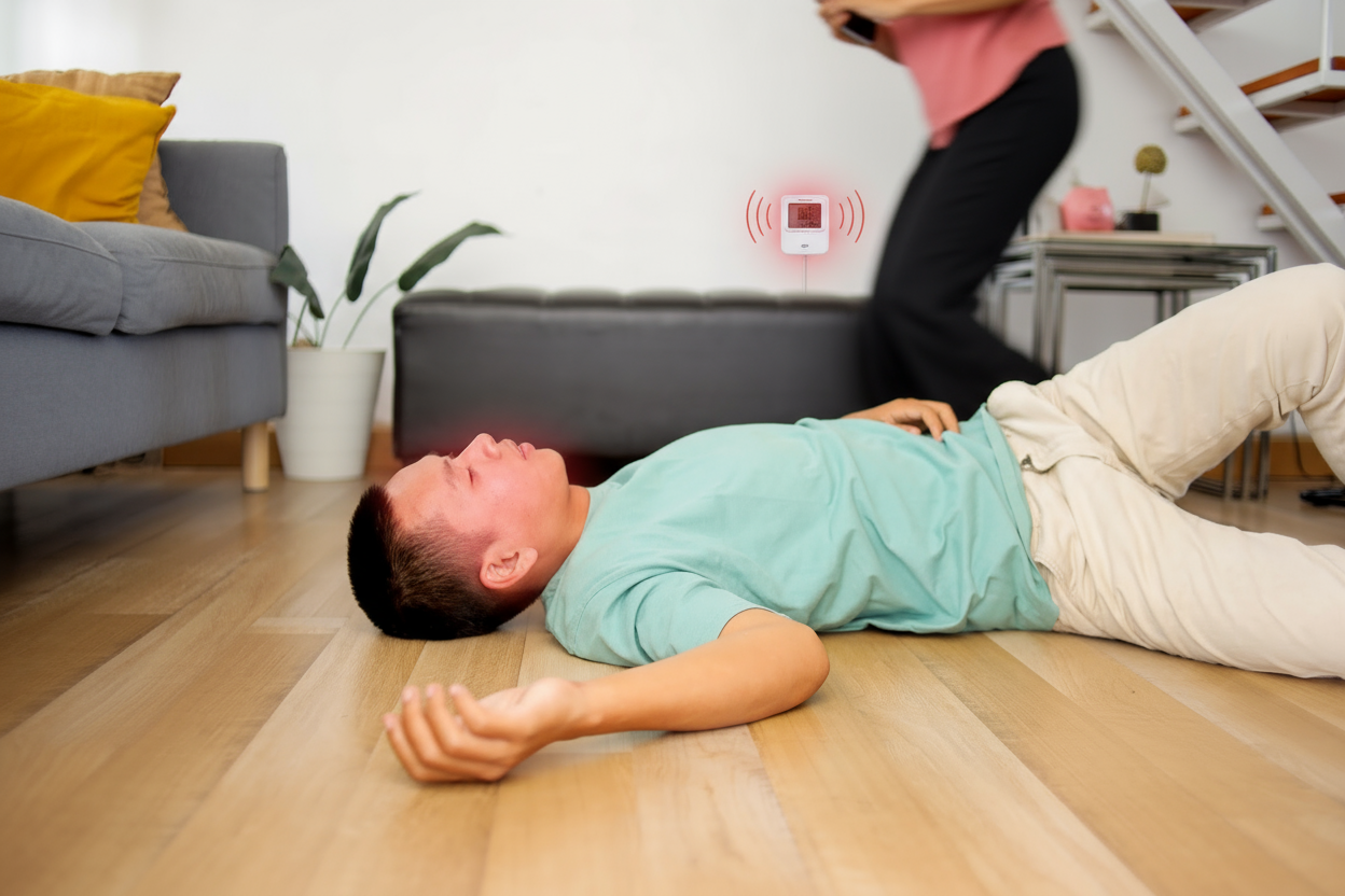 Man lying on floor unconcious from carbon monoxide poisoning while wife calls 911