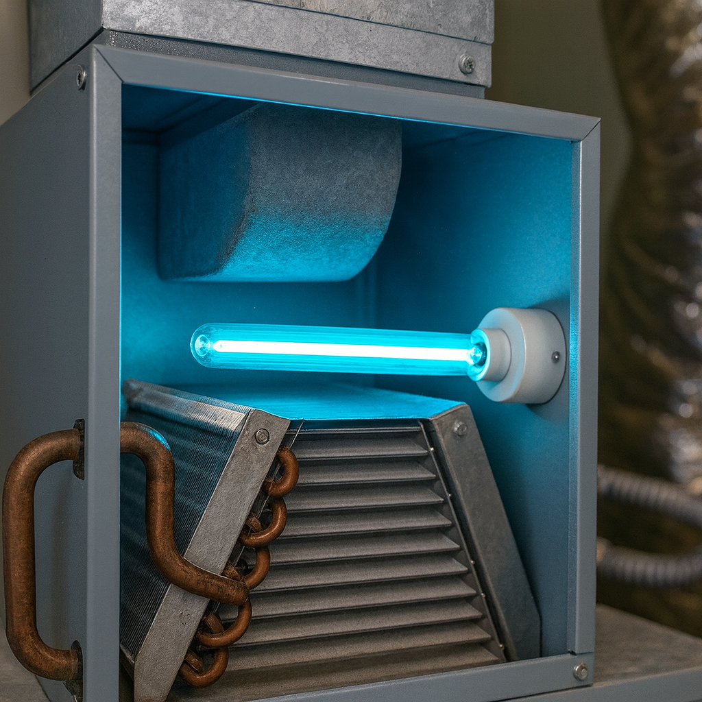 Graphic of a blue UV light over the heating coil of a furnace and sterilizing the air