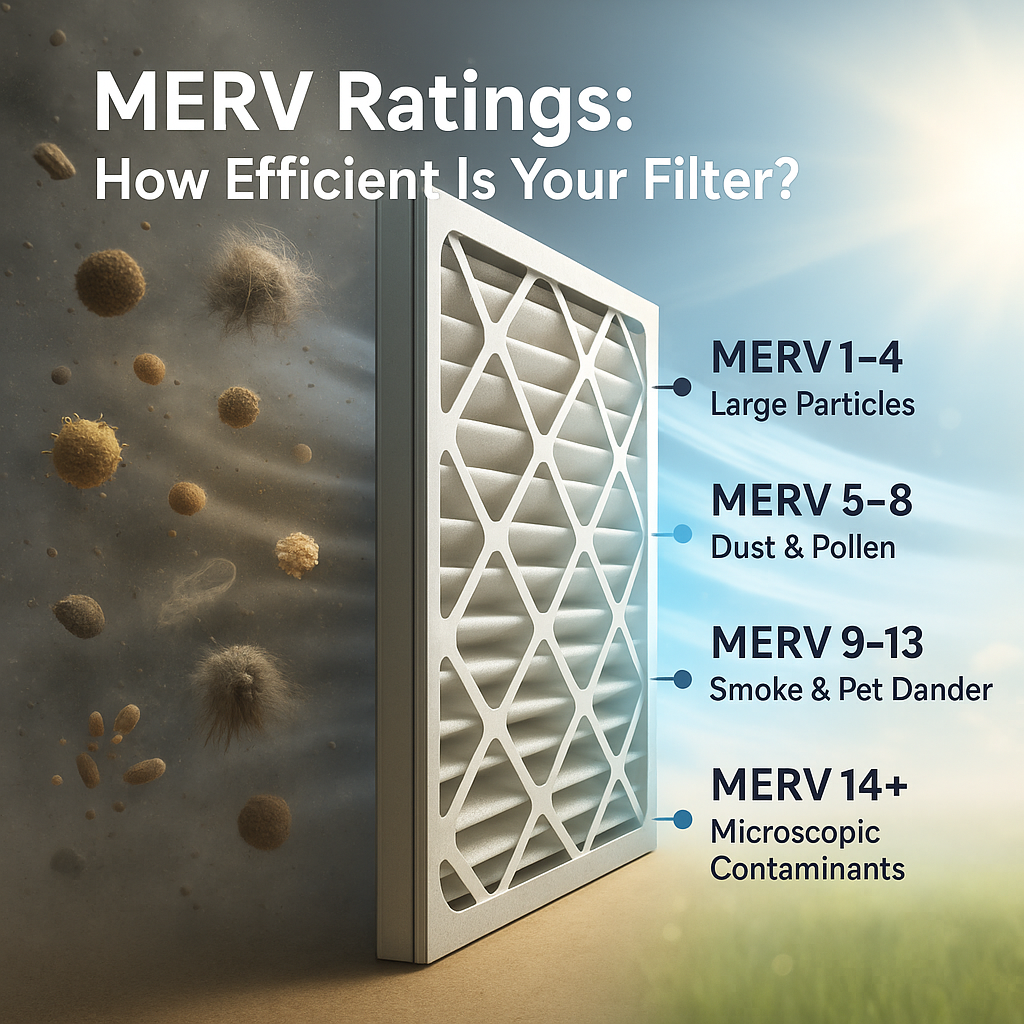 MERV filter ratings explained. Low MERV (1–4): Basic filters that catch only large debris like lint or dust bunnies. Common in older systems but offer little protection for air quality. Medium MERV (5–8): Standard residential filters that capture pollen, mold spores, and most household dust—a solid balance between airflow and filtration. High MERV (9–13): Advanced filters that trap bacteria, smoke, pet dander, and fine dust particles. These are ideal for households with asthma and allergy sufferers, or pets. Very High MERV (14+): Hospital-grade filters that remove microscopic contaminants, but these are usually too restrictive for most residential systems.