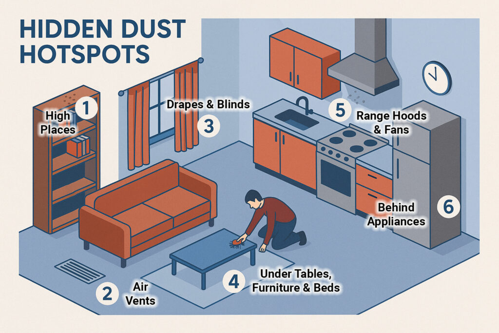 Dust builds up in places you rarely think to clean. Here’s where to look and how to handle it: High Places: Tops of doors, windows, bookshelves, frames. Clean with a damp microfiber towel or extension duster. Air Vents: Close slats, wipe with a damp cloth, flip, and repeat. Wash in a tub for deep cleans. Drapes & Blinds: Vacuum with a hose, adjusting suction for delicate fabrics. Under Furniture & Beds: Use a microfiber mop or extendable duster for low-clearance areas. Range Hoods & Fans: Degreaser spray keeps sticky dust under control. Behind Appliances: Sneak a vacuum hose or slim duster under refrigerators, washers, and dryers.