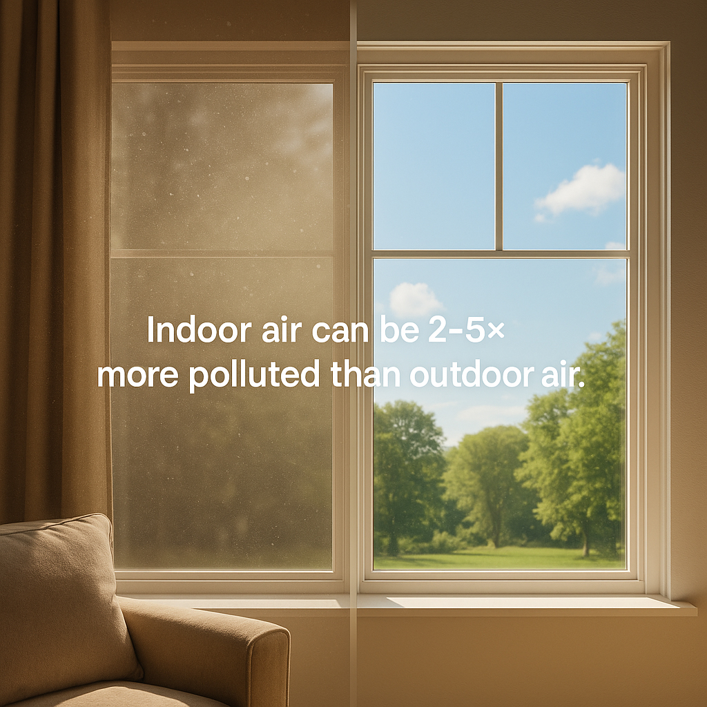 graphic showing a dirty window on one side and a clean one on the other, stating that Indoor Air Can Be 2-5X More Polluted Than Outdoor Air copy